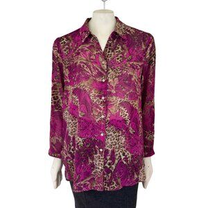 CHICO'S Jungle Leopard Print Semi Sheer Button Front Blouse Fuchsia Brown SZ L